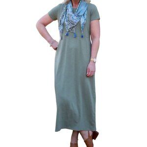 J. Jill Seamed Maxi Dress Sage Green Pockets Scoop  Neck Size Lp